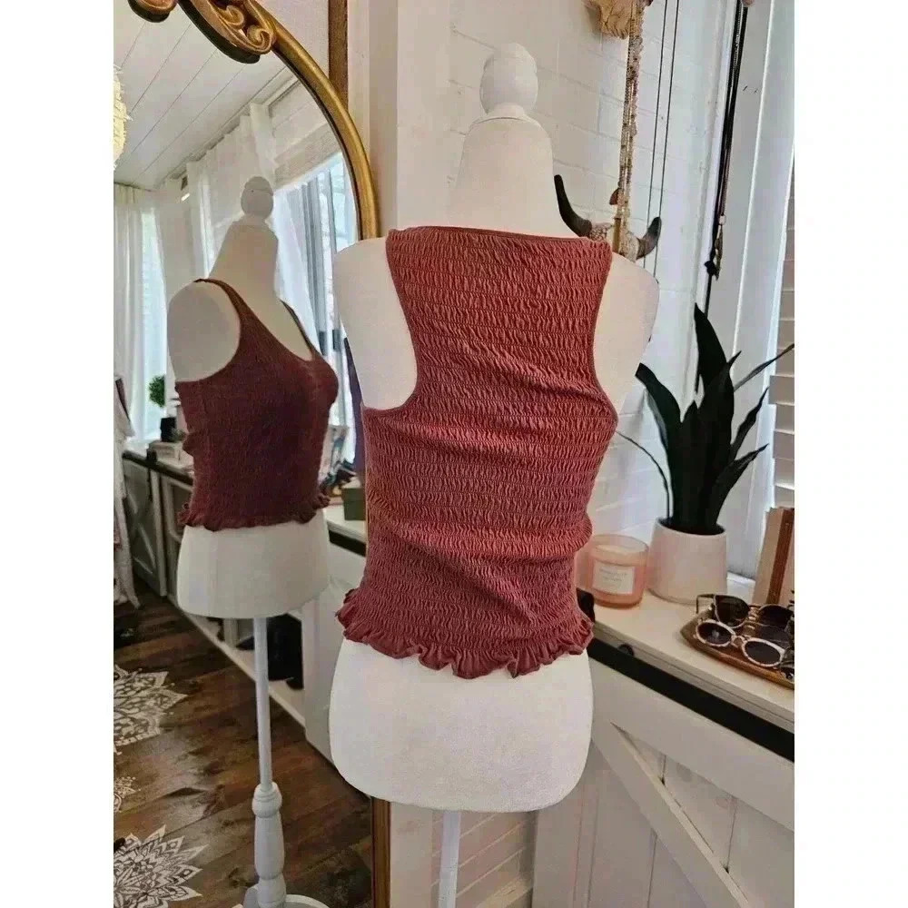 American Eagle Women's Size M Burgundy Smocked Cotton Top - Picture 2 of 6